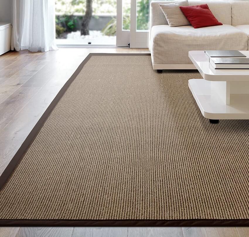 Synthetic sisal boarder rug with a sofa and sliding doors