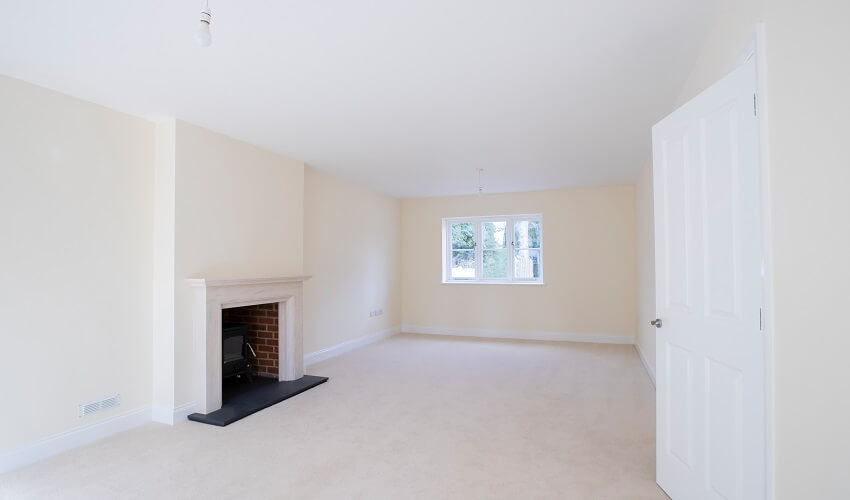 Interior view of beautiful living room with brick fireplace 