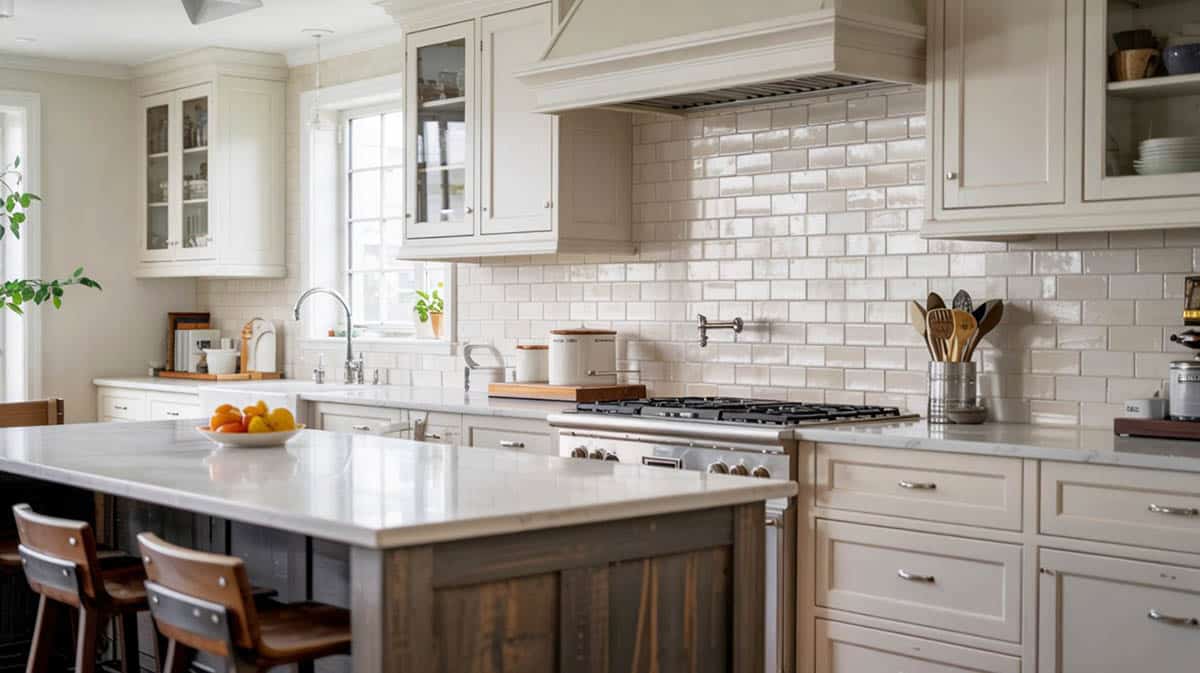 Kitchen with white subway tile, dark wood island and white cabinets