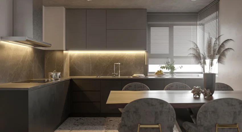 Kitchen With Under Cabinet Lighting Soapstone Backsplash Table And Chairs Ss .webp