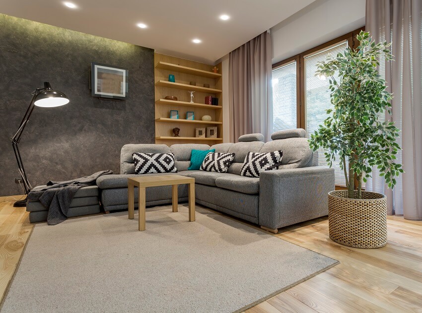 Living room interior with a sofa with throw pillows grey rug on hardwood floors wooden open shelves with decors black floor lamp and a dark grey accent wall