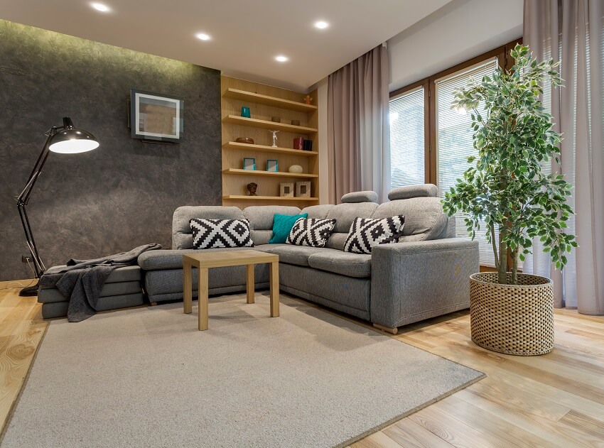 Room with sectional with throw pillows and grey rug on hardwood floors 