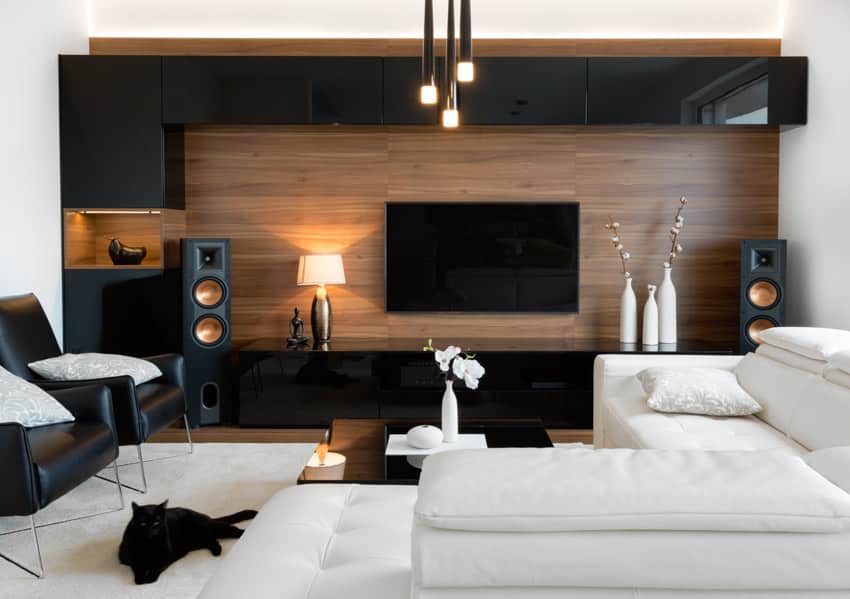 Room with black and white color these with wood design elements