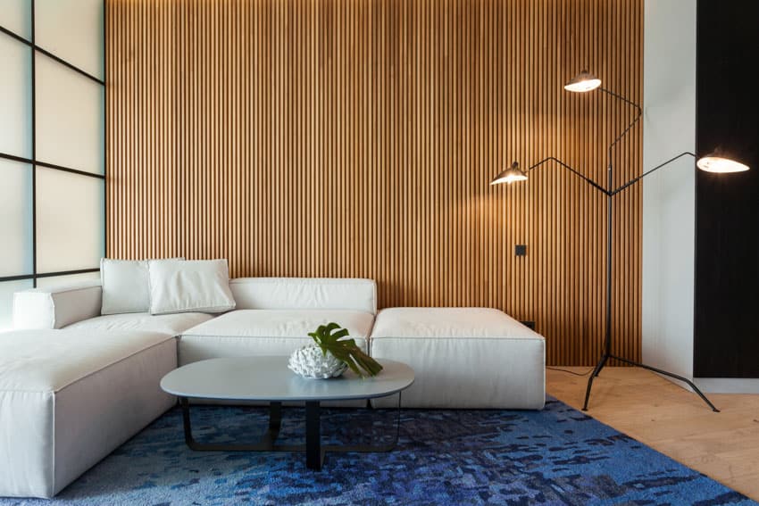 Living room with wood slat wall, floor lamp, white couch, blue carpet, and windows