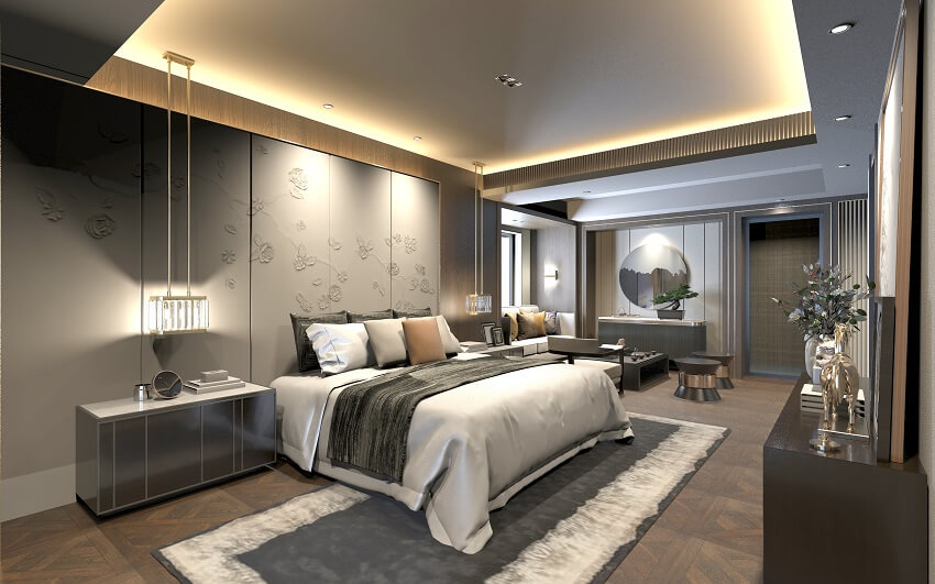 Luxurious guest bedroom with led lights wood floors console couch by the window armchair comfy bed and a flower patterned grey wall panel