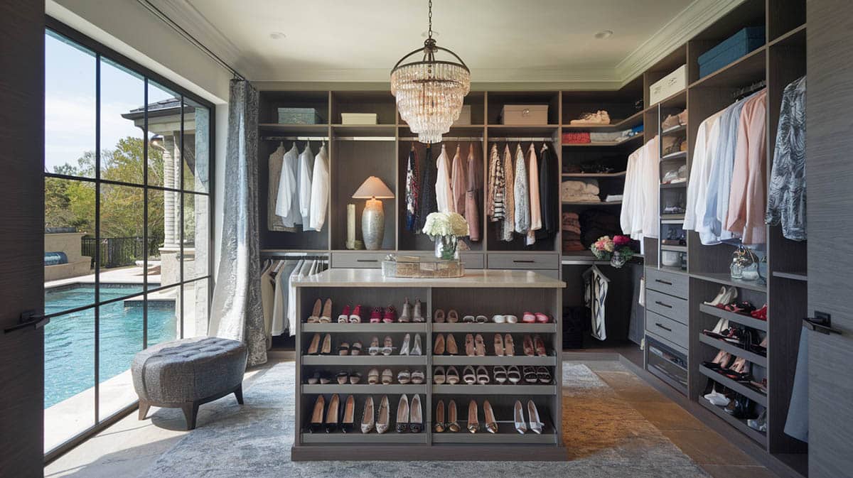 Closet with pool views and shoes stored in the island