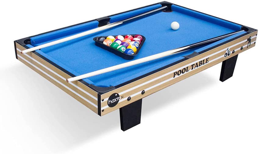 Mini pool table top with cue sticks and balls