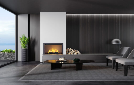 Modern Living Room With Fireplace Dark Gray Wallchairs Lamp Indoor Plant And Window Is 561x356 