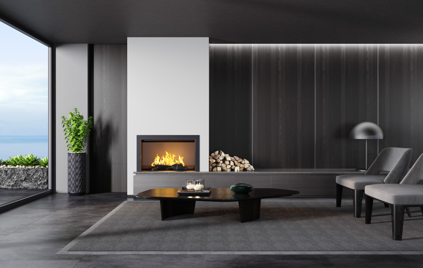 Modern living room with fireplace, dark gray wall, chairs, lamp, indoor plant, and window