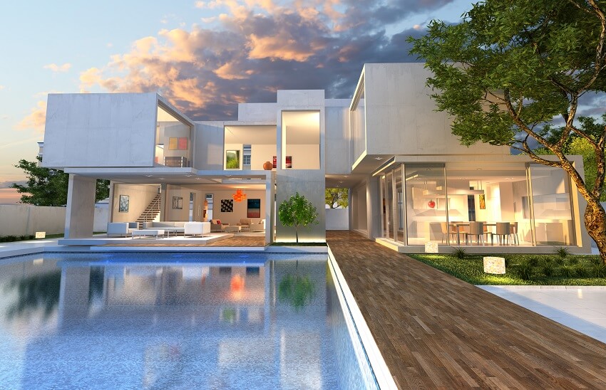 Modern mansion with concrete and glass facade open living room and a large pool with wooden deck