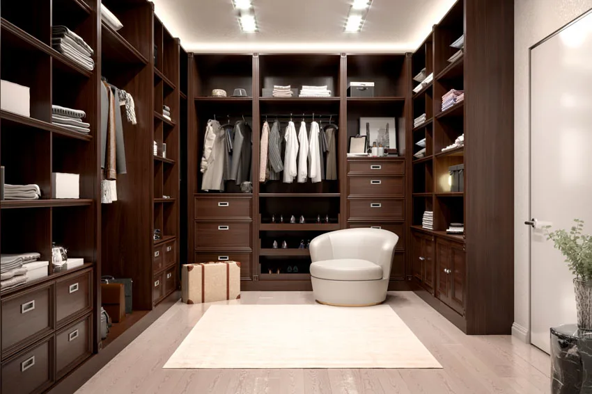 Modern walk in closet dark wood cabinets recessed lighting
