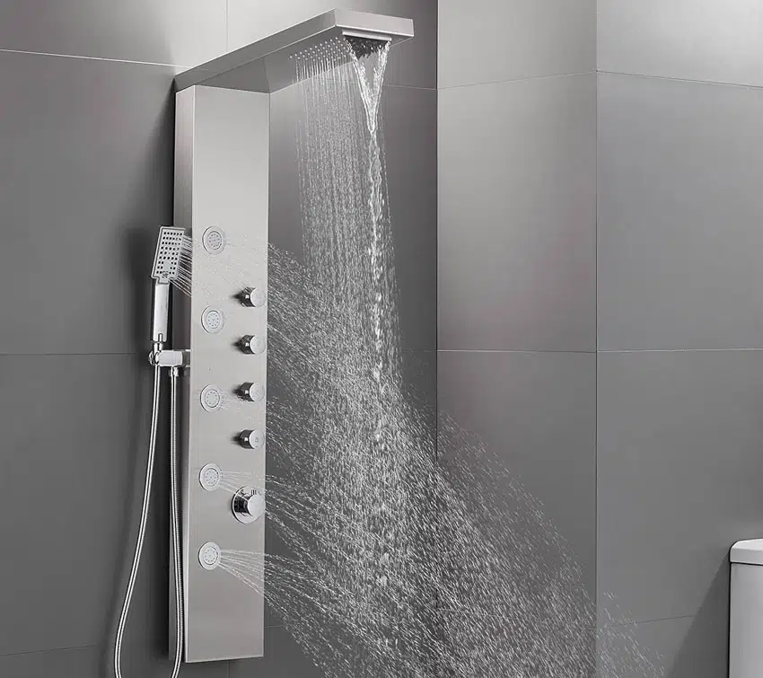 Multi function shower panel in gray bathroom