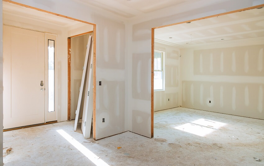 New home construction interior VOC-absorbing drywall and finish details installed door