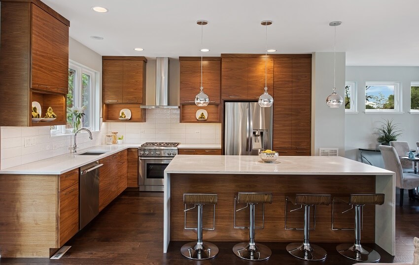 Bedroom with dark bamboo shaker cabinets and white waterfall island 