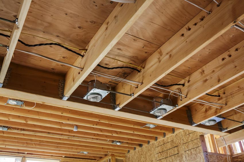Bulbs installed on an exposed wood ceiling