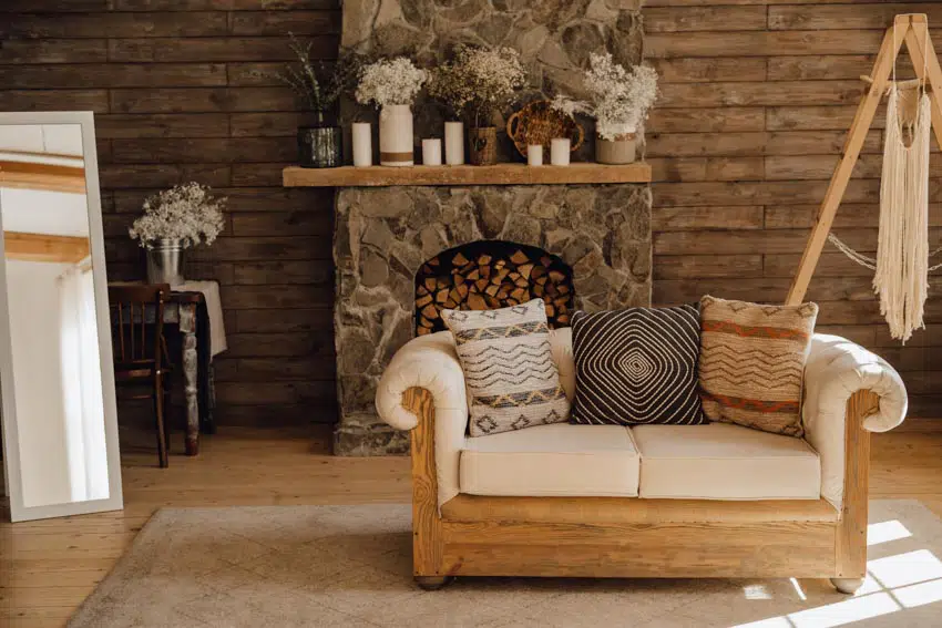 Rustic room with stone wall and mirror