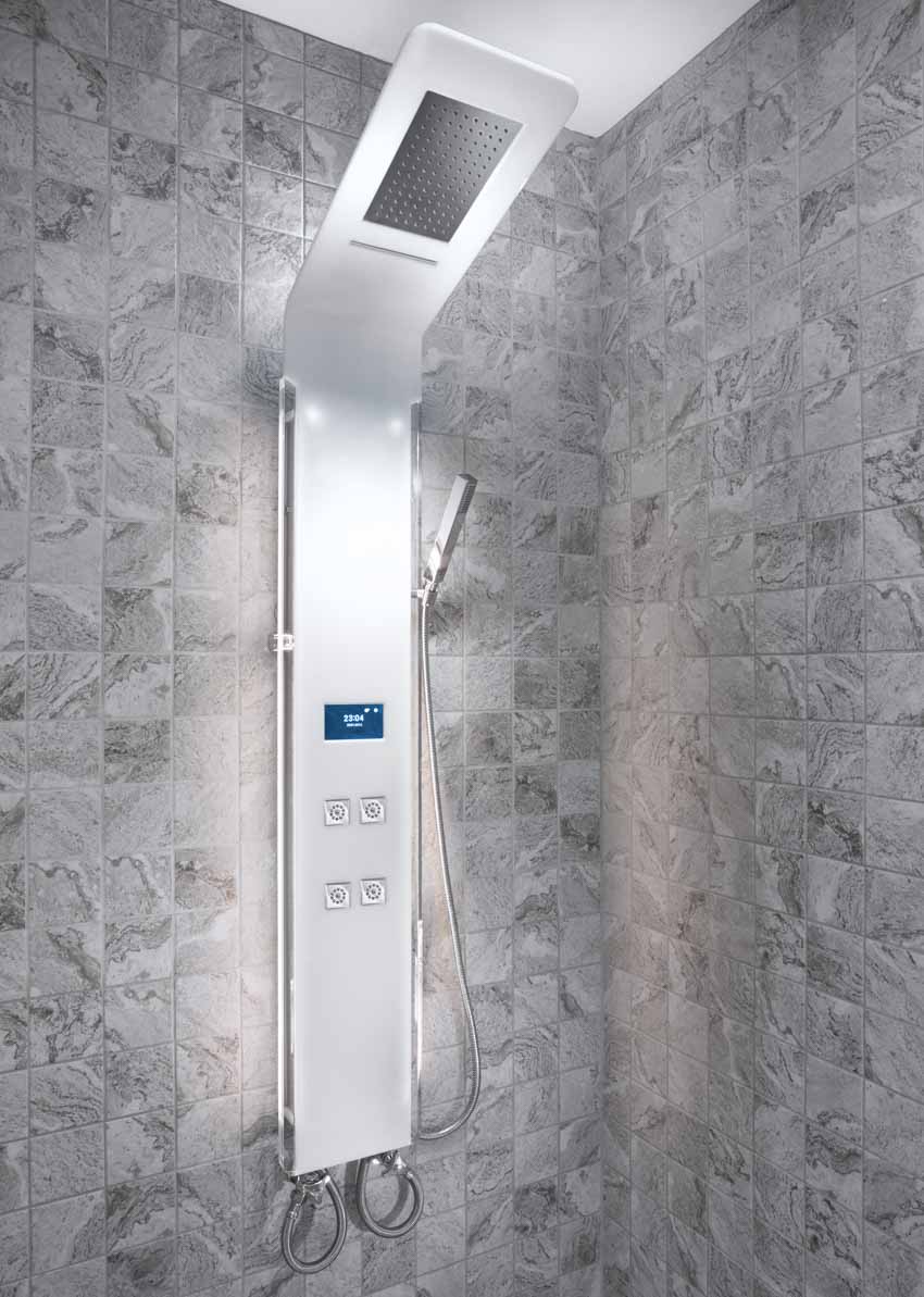 Smart shower inside a bathroom with tile wall