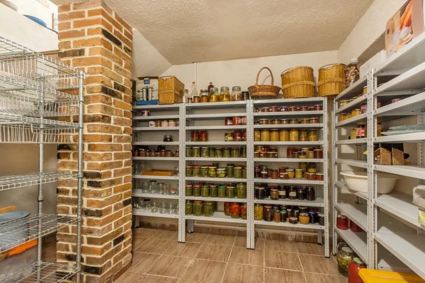 Storage room food shelves brick pillar