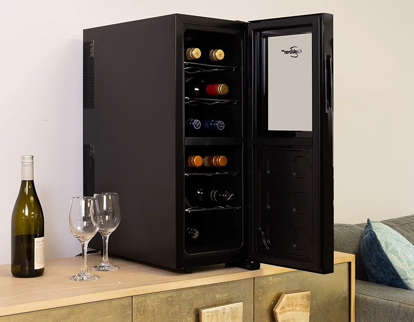 Thermoelectric dual zone wine cooler on top of a small cabinet