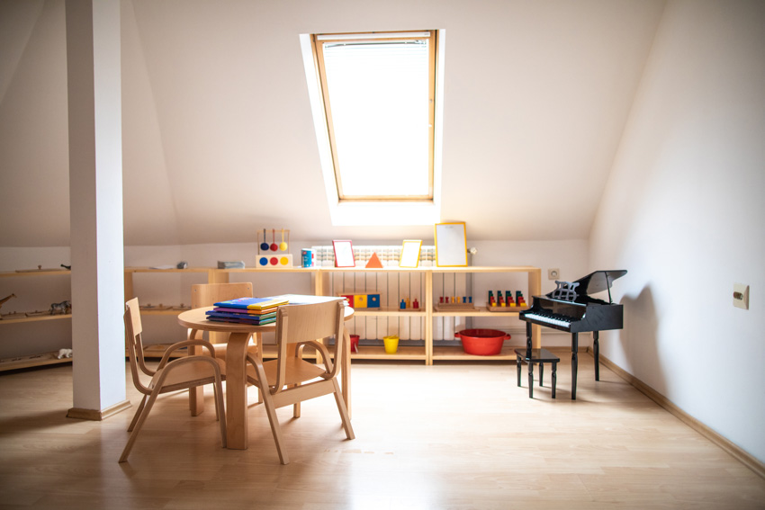 Types of rooms in a house playroom small wood chair piano skylight wood floor