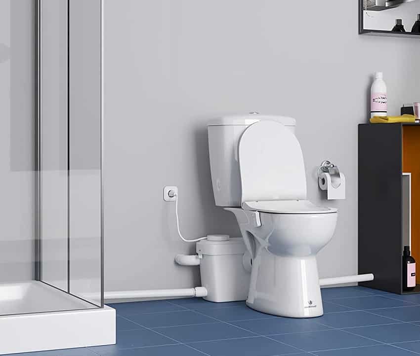 White macerating toilet with round front standard bowl