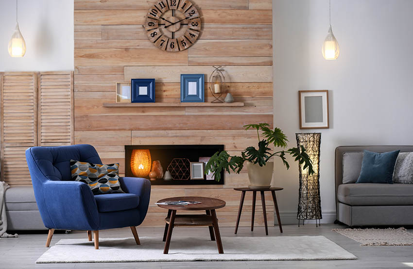Wood fireplace accent wall in living room