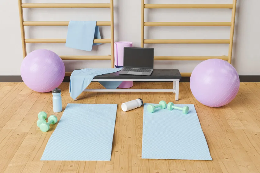 Yoga space with exercise balls, towel holders, mat, and a laptop