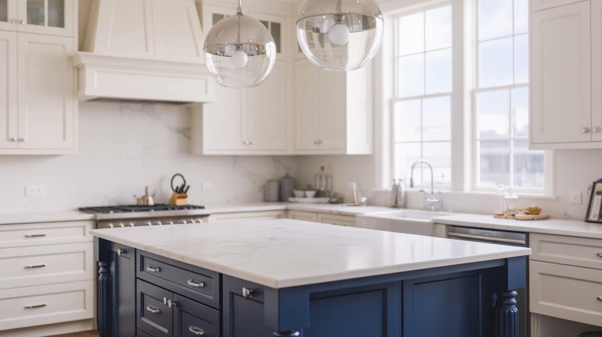 White Shaker kitchen with navy blue island, white marble counters and globe pendant lights