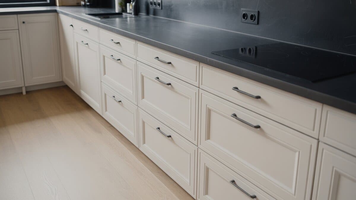 Cream inset cabinets with glossy black granite counters and light wood flooring