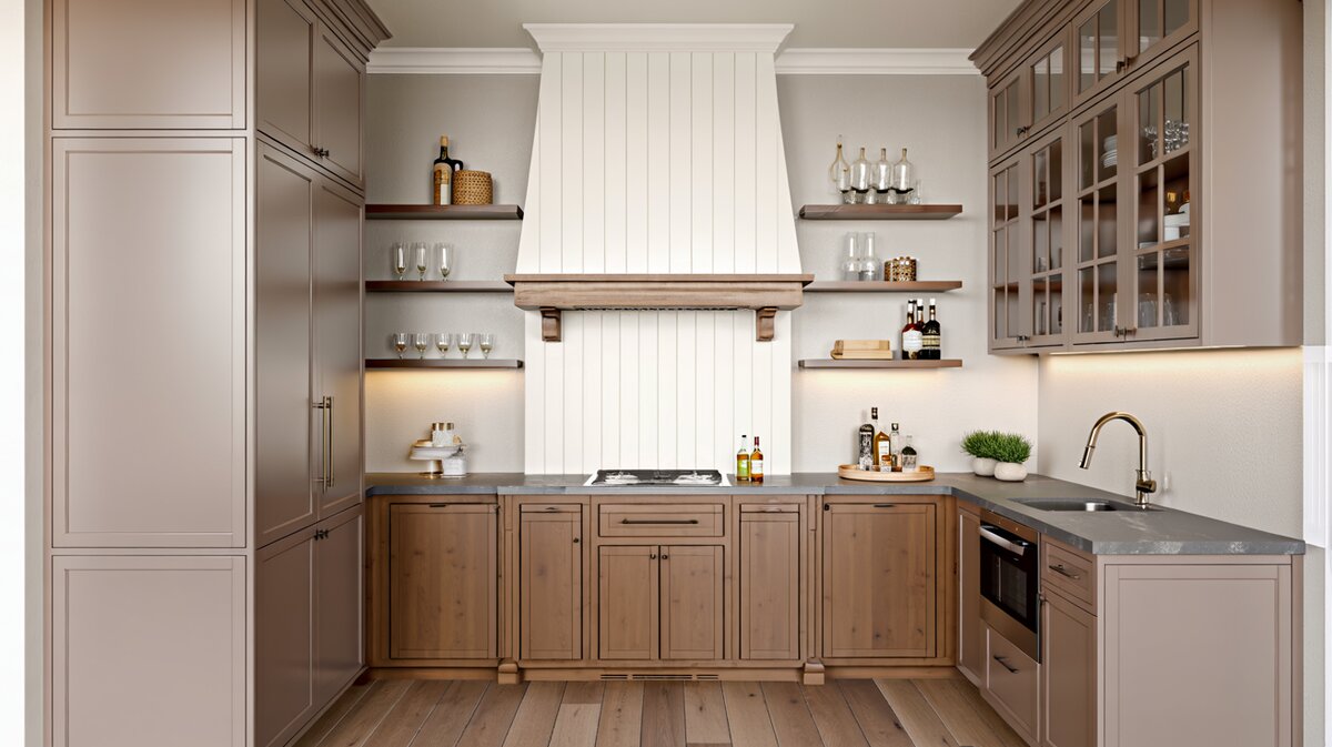 Small kitchen with shiplap above stove