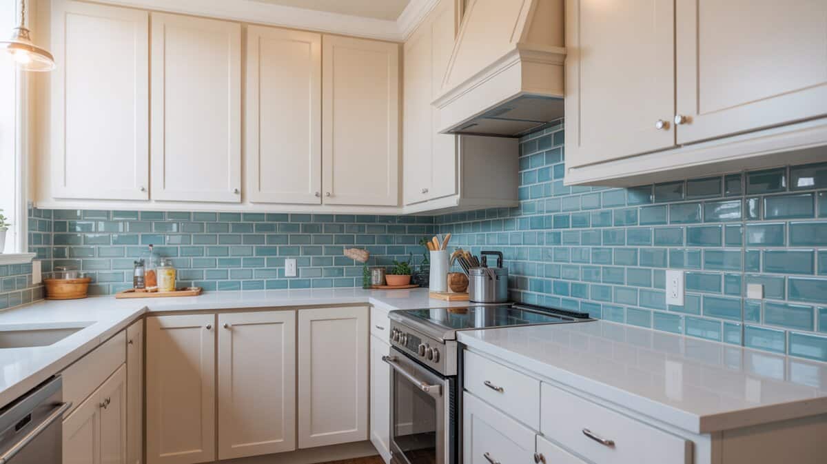Corner kitchen with white recessed panel cabinets and glossy aqua subway tile