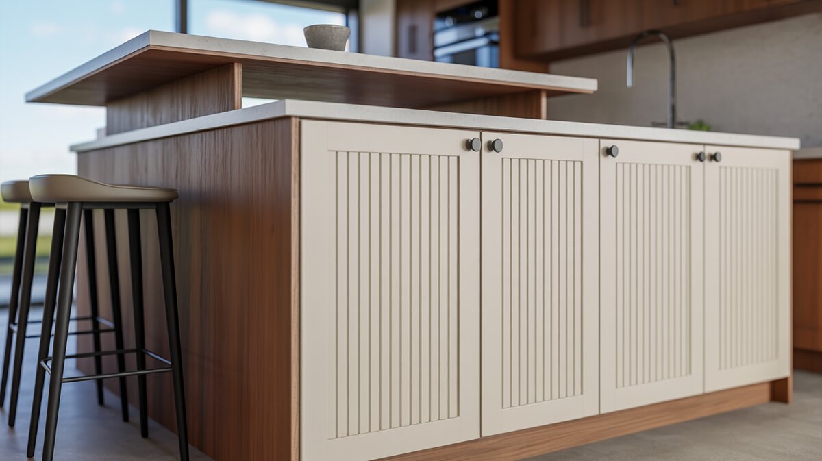 White beadboard cabinets with a two level breakfast bar island and stools