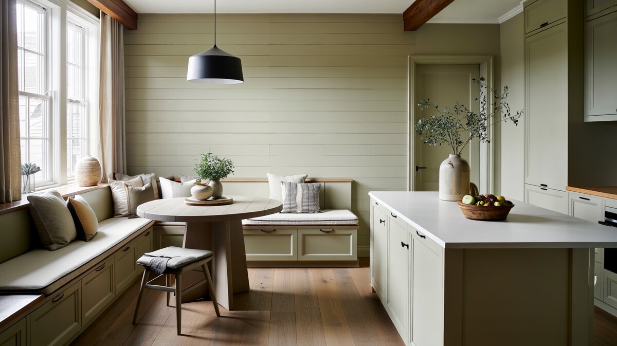 Built-in dining nook with plank wall