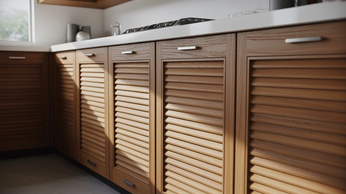 Warm wood louvered slat cabinets paired with a marble backsplash and counters