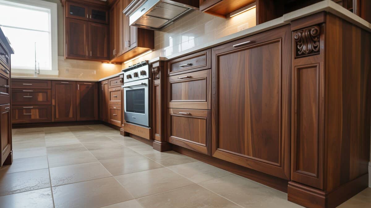 Custom walnut cabinets with decorative detailing above travertine style floor tiles
