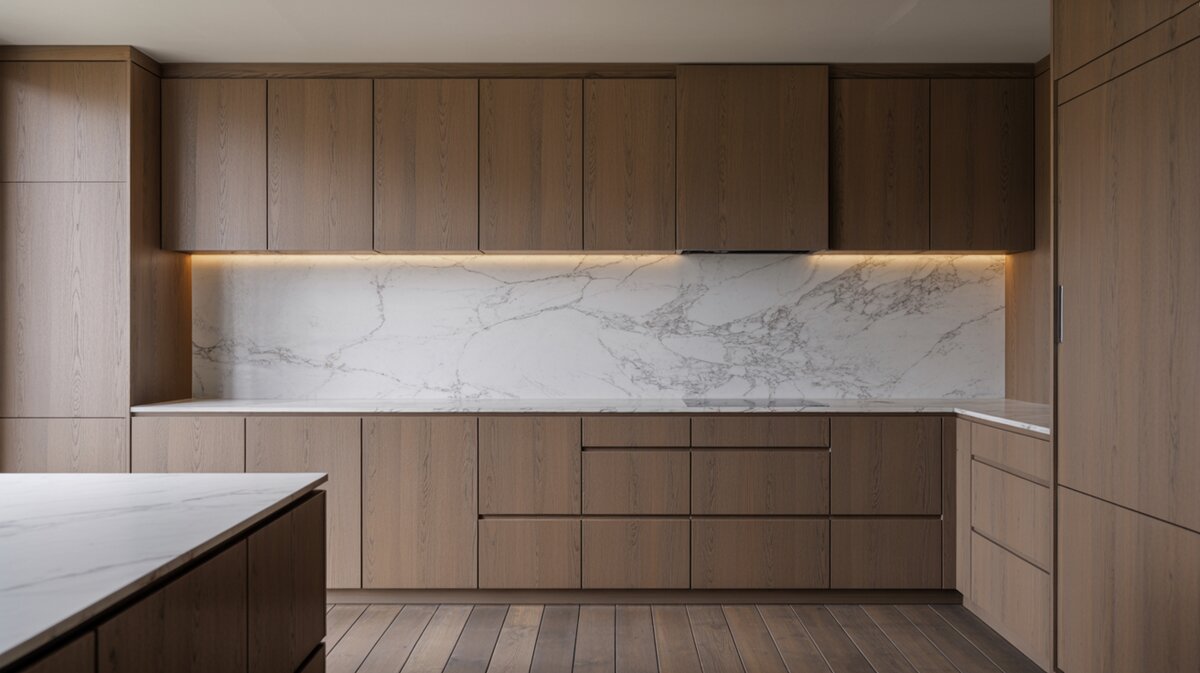 Stained white oak cabinets with a full height marble slab backsplash