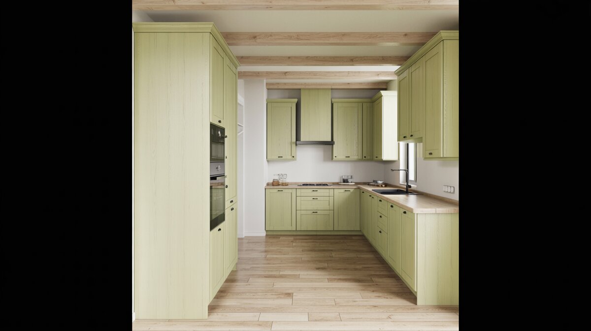 Soft sage green weathered cabinets set against light wood plank flooring