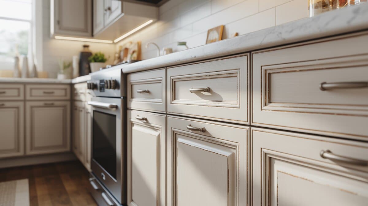 Antique white cabinets with a subtle heirloom glaze and warm lighting