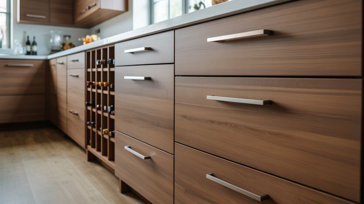 Wood grain laminate cabinets with a two level bar and built in wine rack