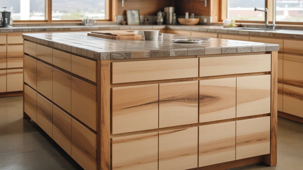 Light wood cabinets with a granite tile countertop island and open shelving