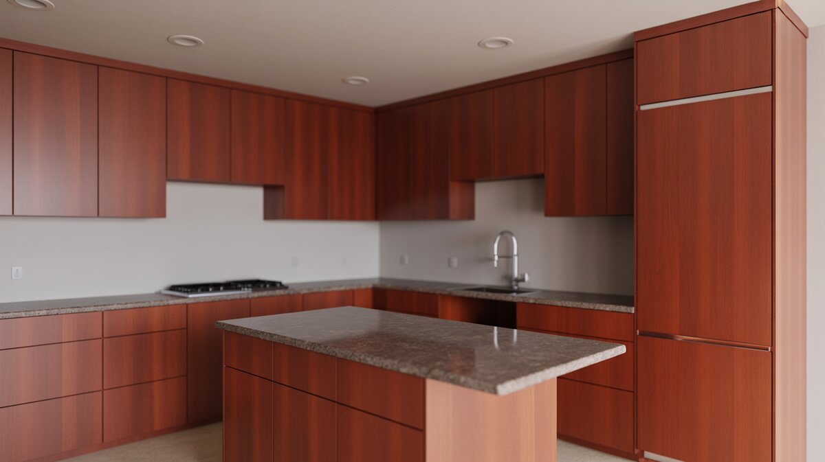 Rich cherry wood cabinets in an L shape with a granite island