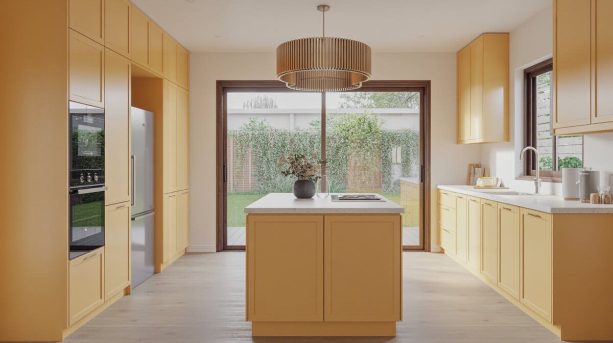 Pale maple cabinets with a drum pendant and sliding glass garden door