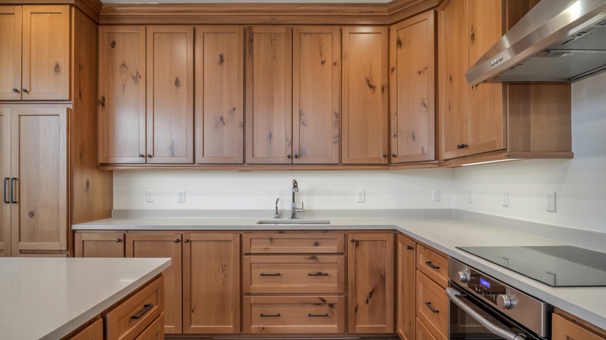 Knotty pine cabinets with visible knots, white counters and black hardware
