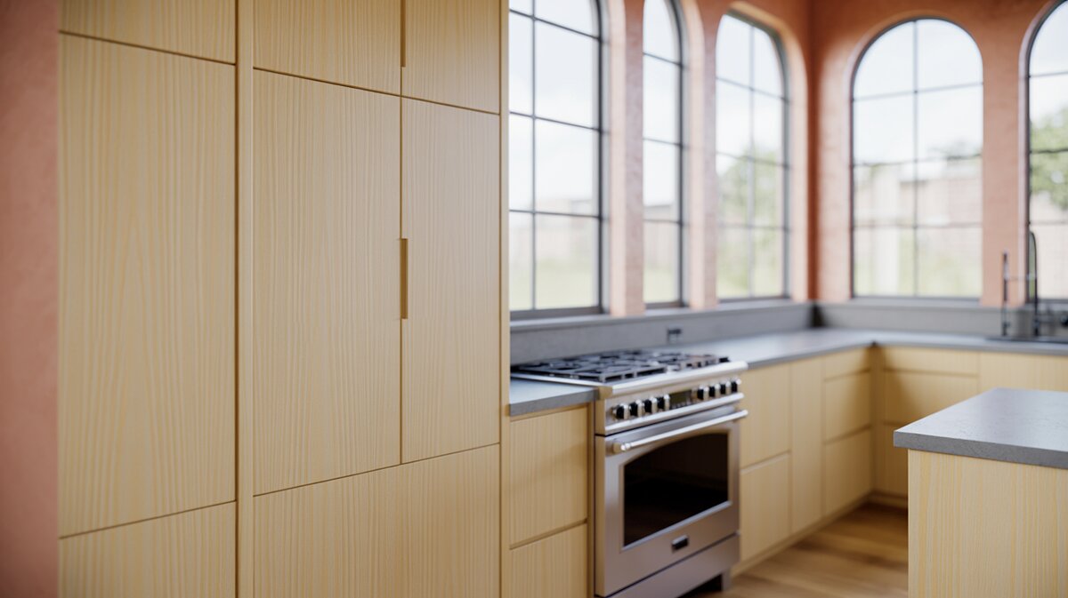 Pale ash wood cabinets beneath tall arched windows and bright daylight