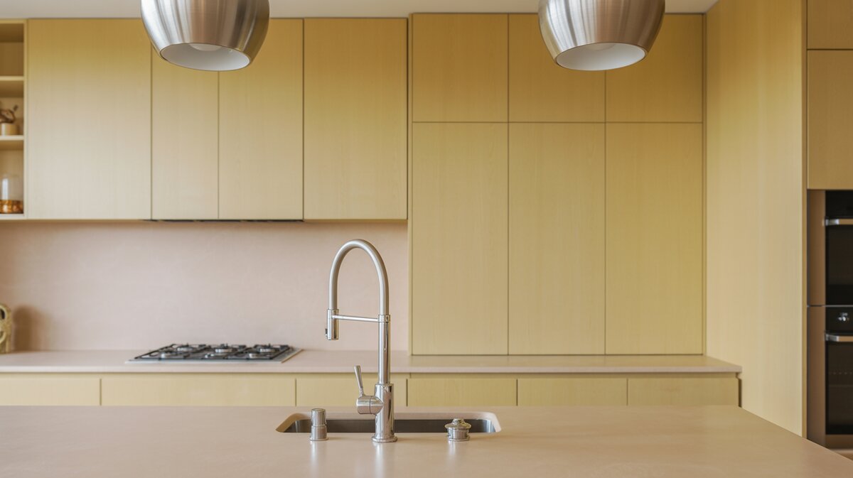 Smooth birch cabinets in a pale creamy tone with bowl pendant lights