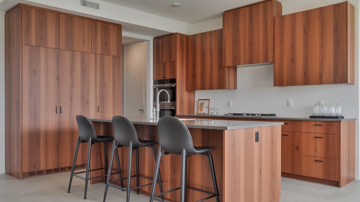 Knotty alder cabinets in warm reddish brown with island and bar stools