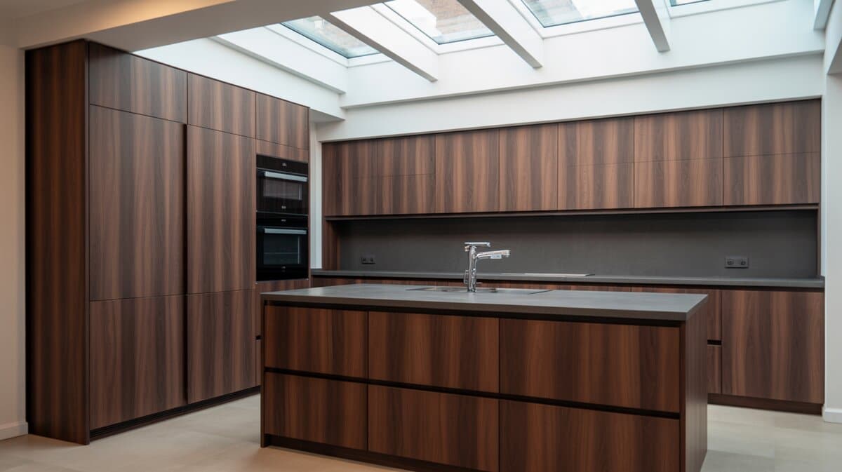 Dark walnut flat panel cabinets and island lit by overhead skylights