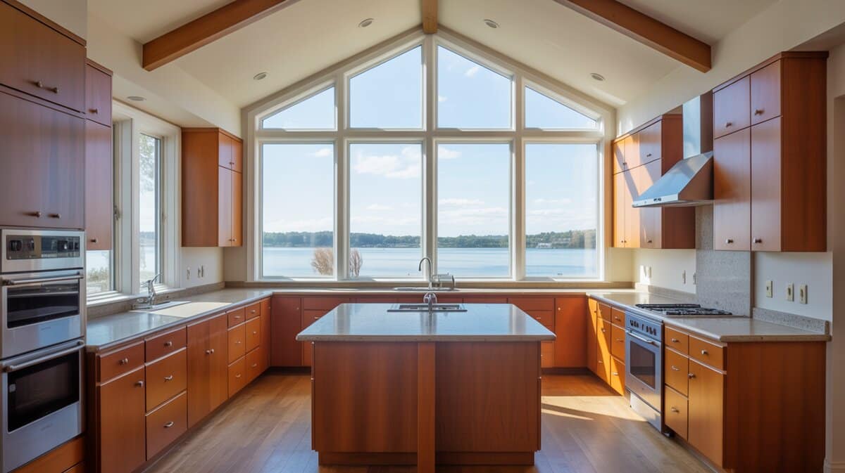 Warm wood custom cabinets under a vaulted ceiling with wide water views