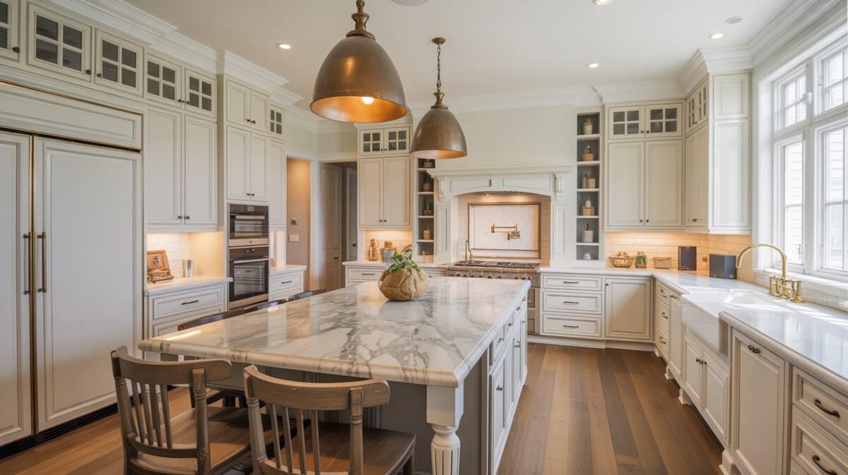 Creamy cabinets with Calacatta marble island and antique brass pendant lights
