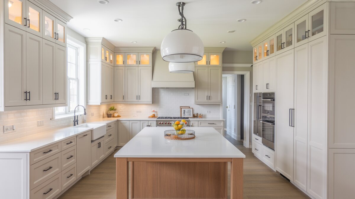 Large white Shaker kitchen with matte black handles and a wood island